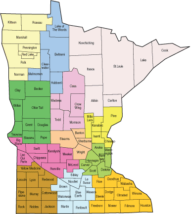 Map of Minnesota with county names and regions colored in